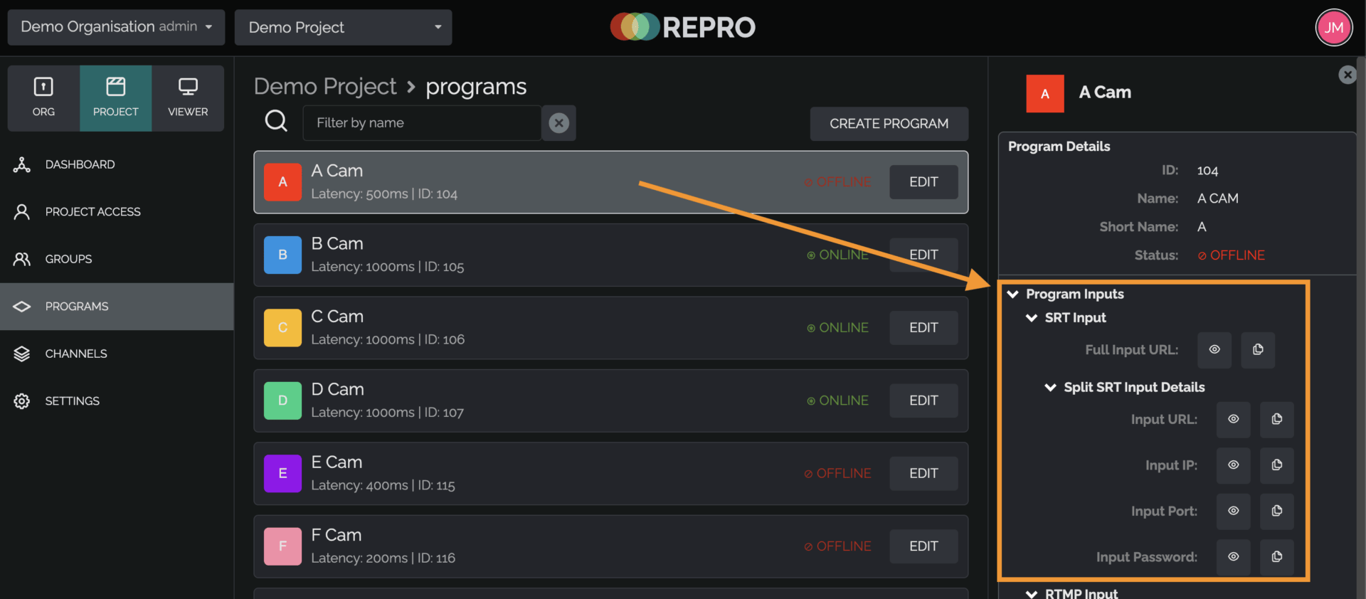 Program input details at RePro Stream